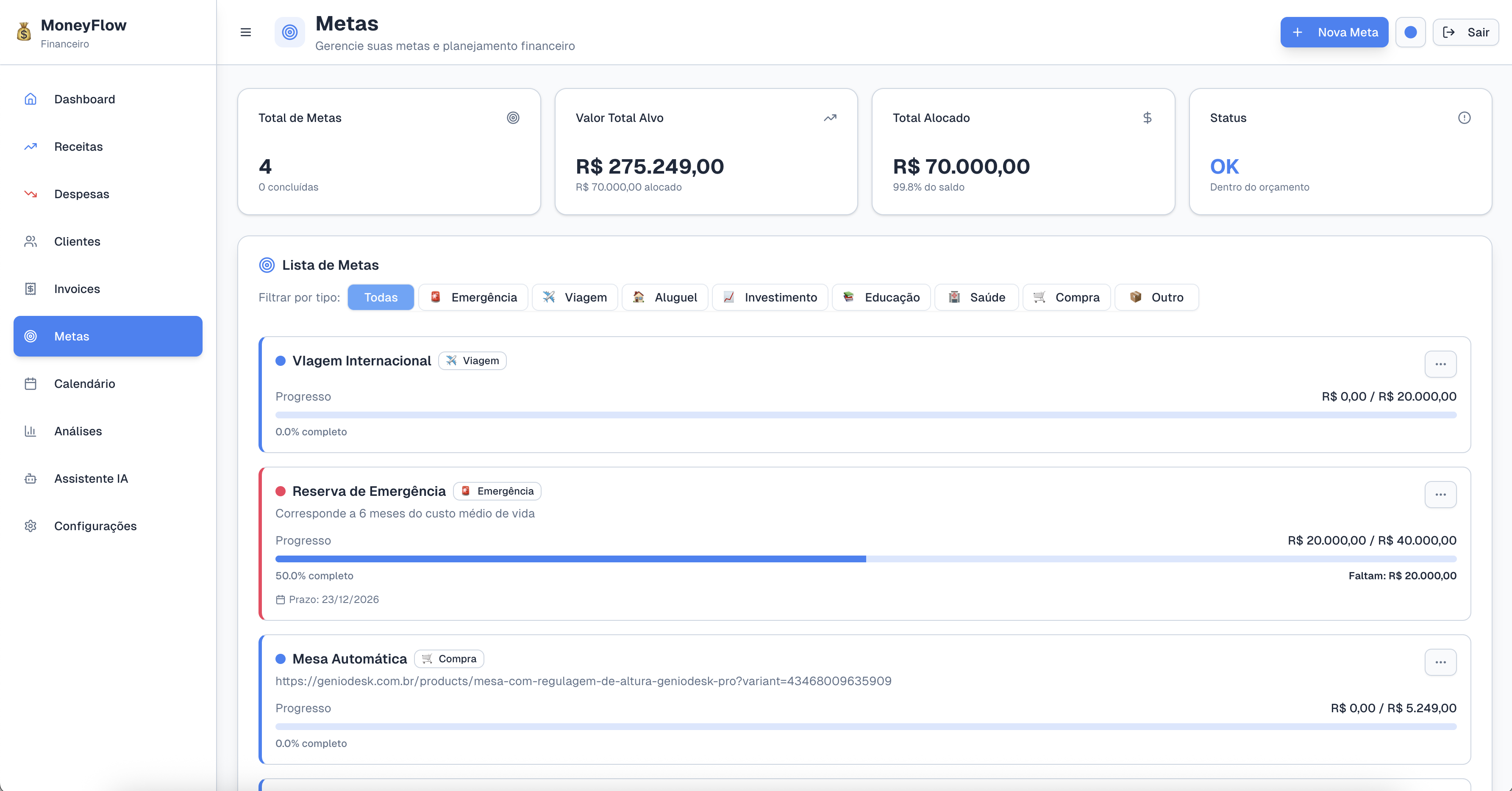 Tela do MoneyFlow com buckets e planejamento
